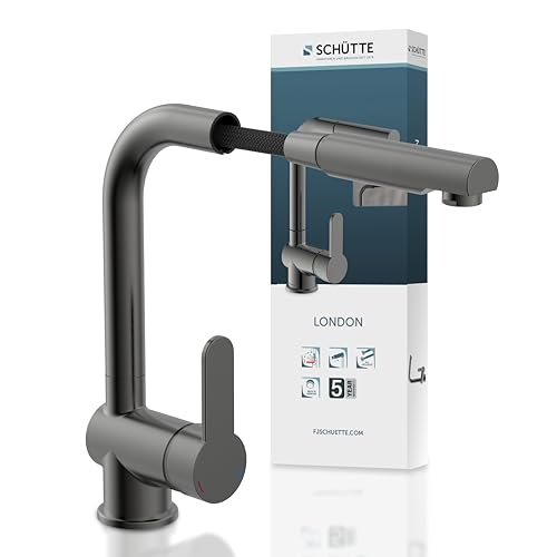 SCHÜTTE LONDON Robinet Cuisine avec Douchette Extensible Mitigeur, Rabattable Mitigeur Robinet Evier de Cuisine avec Douchette, Rotative à 360° Froid & Chaud Disponible, Graphite
