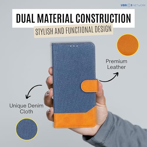 Image of Samsung A32 5G Denim & Leather Flip Back Cover Case | Vegan Leather | Kick Stand & Pockets | Protective Back Flip Cover for Samsung A32 5G (Blue)