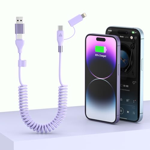 Coiled 4-in-1 USBA/Type C to USB-C/Lightning Cable Multi Combo for Apple Carplay&amp; Android Auto,Purple 3A 60W Fast Charge &amp; Data Sync Car Charger Cord for iPhone 15/14/13/12，Samsung Galaxy,Android-MFi
