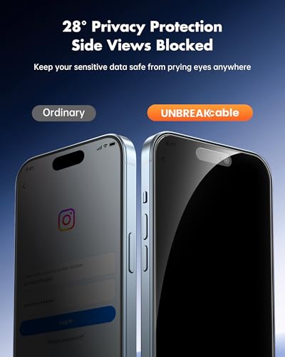 Image of UNBREAKcable Privacy Screen Protector for iPhone 15, Anti-Spy Shatterproof Tempered Glass [True 28Anti Spy] [9H Hardness] [Easy Installation Frame] Black Protector for iPhone 6.1 inch - 2 Pack