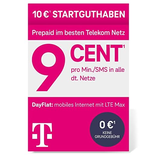 Telekom MagentaMobil Prepaid Basic SIM-Karte ohne Vertragsbindung I 9 Ct pro Min und SMS in alle dt. Netze, EU-Roaming I Dayflat für Highspeed-Surfen mit LTE Max (1,49 EUR/24h) I 10E UR Startguthaben