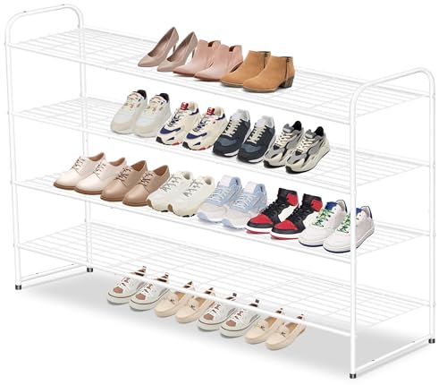 AOODA 4 Tier Long Metal Shoe Rack for Closet Wide Stackable Shoe Storage Organizer for Entryway, Bedroom, Floor, Holds 30 Pairs Men Sneakers Large Boot Shelf with Wire Grid, White
