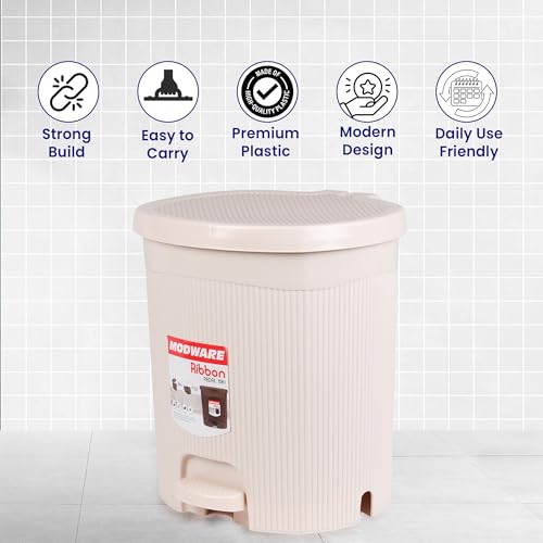 Image of MODWARE Premium Plastic Pedal Dustbin with Removable Bucket, PP Polypropylene, Hands-Free, Grey, for Kitchen, Office, College (Cream)
