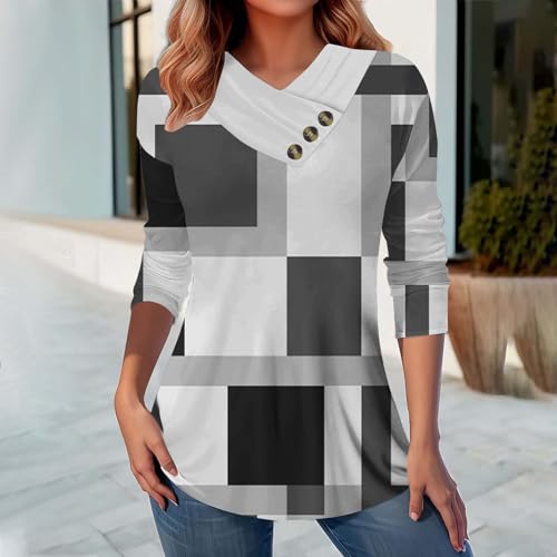 Camisetas femininas com gola V inclinada outono verão gráfico geométrico geométrico ajuste relaxado