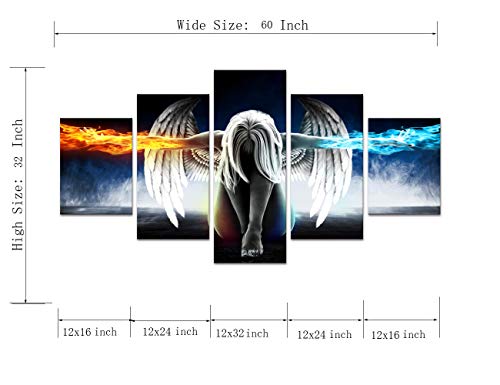 Yatsen Bridge 5 Panels Fire And Ice Sexy Angel Canvas Wall Art Abstract Girl With Wing Wall Art Painting Fashion Angel Home Posters With Wooden Frame For Living Room Bedroom Decor - 60''W X 32''H #TOP5