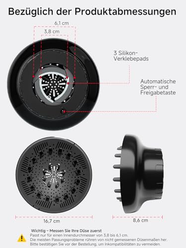 Diffusor Aufsatz Föhn, Diffuser Föhn, Universal Haar Diffusor Anpassungsfähig für Trockner mit Düse D = 3,8-6,1 cm für lockiges oder welliges Haar Styling Maximales Volumen ohne Frizz, Schwarz