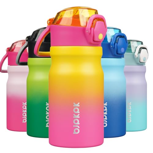 Image of BJPKPK 14 oz Insulated Water Bottle, Straw, Handle, Stainless Steel Flask | Leak Proof Locking Lid, Double Wall Vacuum, Keeps Hot /Cold, BPA Free, Dishwasher Safe, Travel & Sports, Rainbow