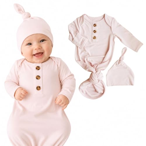 Image of Caden Lane Newborn Knotted Gown with Hat, Soft Bamboo Viscose Baby Sack, Unisex Infant Breathable Night gown Pale Pink