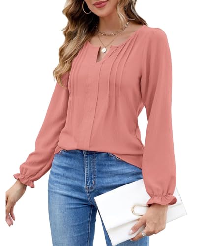 ROFUSSO Camisetas de Manga Larga con Cuello en V para Mujer Elegantes Camisas de Manga Larga Otoño Casual de Manga Larga Tops