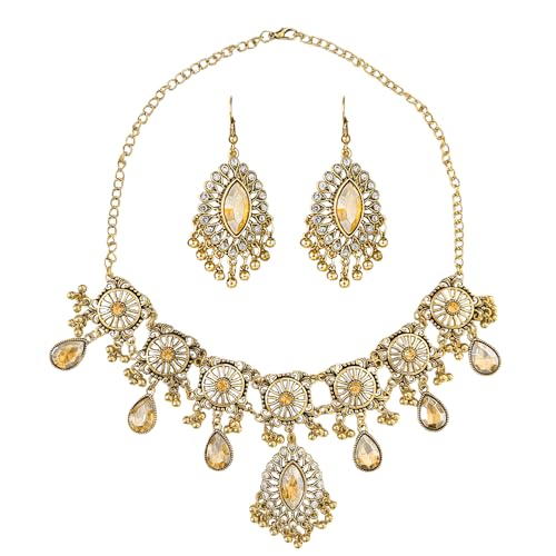 VLYX Indisches Schmuckset für Frauen, Halskette & Jhumka Ohrringe, Boho Ethno-Stil, für Hochzeit, Party & festliche Accessoires (Champagner)