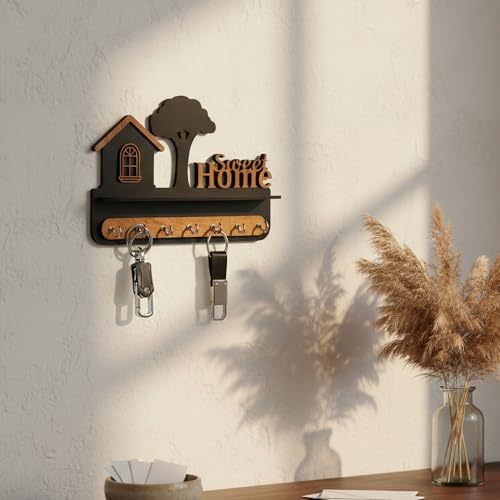Image of Deskart Premium Wooden Key Holder for Wall with 7 Stainless Steel Hooks Sweet Home 3D Key Hanger Wall Mounted Key Organizer with Decorative Shelf Key Stand for Home, Office & Entrance (Sweet Home 3D)