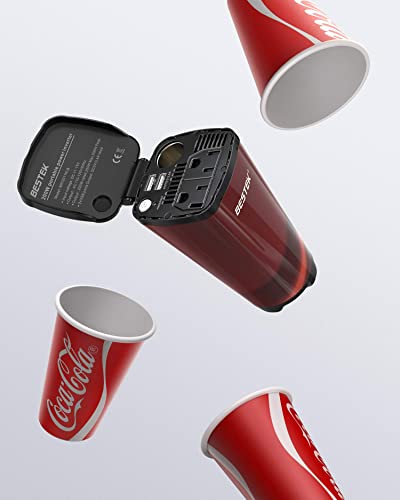 BESTEK-200W-Car-Power-Inverter-Car-Plug-Adapter-Outlet-Converter-with-2-AC-Outlets-Dual-45A-USB-Charging-Ports-Cup-Holder-Car-inverter-with-Cigarette-Lighter-Socket-for-Laptop-Computer-Cola-Red