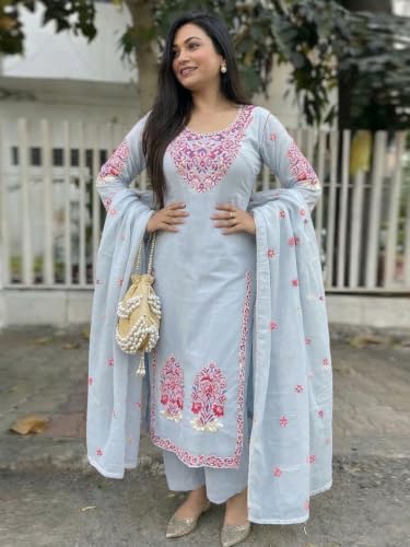 Image of ANNI Designer Women's Rayon Viscose Embroidered Straight Kurta with Pant & Dupatta