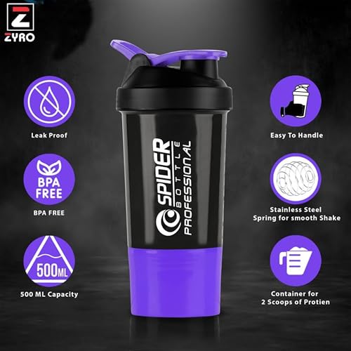 Image of Zyro Spider Gym Shaker Bottle, Shakers for Protein Shake 500 Ml with 1 Storage Compartment Gym protein shaker for workout (Pack of 1, Purple)