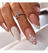 Christmas Press on Nails Medium Length Nude French Glitters Fake Nails White Snowflake Rhinestone...
