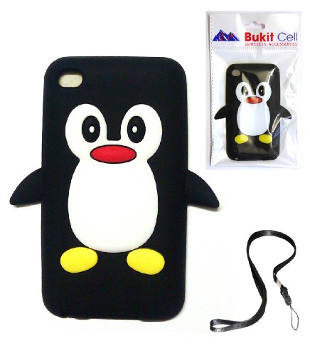 iPod Touch 4 4G 4TH Generation Black Penguin Fun Lovely Silicon Case + Free WirelessGeeks247 Detachable Neck Strap/Lanyard