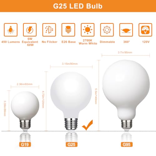 Image of Vinaco G25 LED Light Bulb Dimmable 6W 120V 2700K for Bathroom Vanity Mirror | 4PCS, 450LM, 60W Eq. Warm White, High CRI90+, NO Flicker, Milky Frosted Glass, Long Lasting, E26 Base, for Pendant Light
