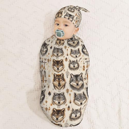 Image of Wolves and Arranged Newborn Swaddle Blankets Hat Sets Soft Baby Receiving Blanket Swaddle Sack for Baby Shower Infant Boy Girl Gift