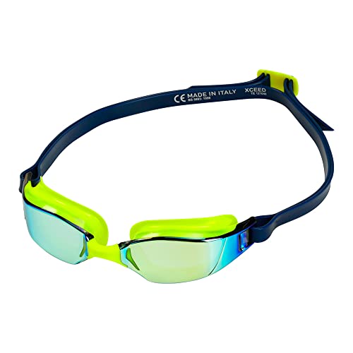Aqua Sphere Xceed Adult Swim Goggles - Curved Lens Technology, Adjustable Nose Bridge - Ideal Partner For Performance Swimmers - Yellow Titanium Mirror Lens/Yellow + Navy Frame #TOP1