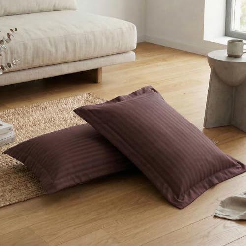 Image of Home Sizzler 210TC Satin Stripe Microfibre King Size Pillow Covers (18 X 27 Inches) - Brown, Set of 2