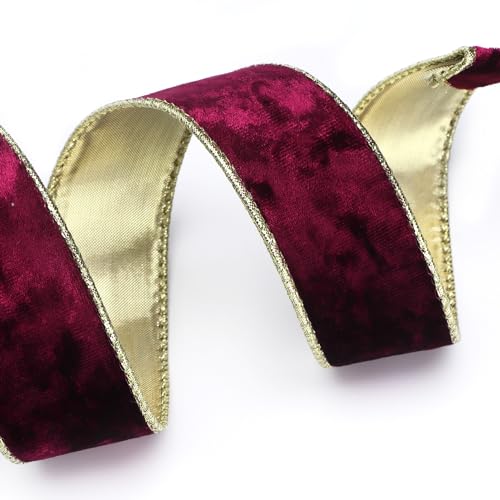 Image of Ribbli Burgundy Velvet Wired Ribbon 1.5 Inch Metallic Burgundy Red Gold Crushed Velvet Christmas Ribbon for Gift Wrapping Christmas Tree Decoration Crafts Wreaths Supplies-Continuous 10 Yards