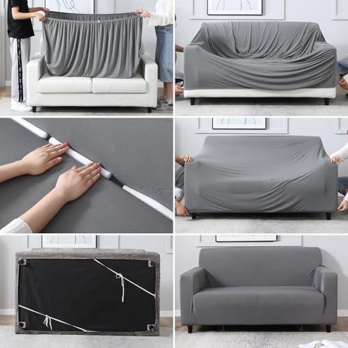 Image of HOKIPO 140 GSM Fully Covered Sofa Cover for 5 Seater, Light Grey (NEW-4277-E1*2 + AR-4279-E1)