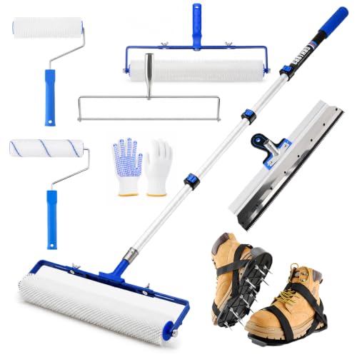 Kit de Herramientas para Piso de Cemento Autonivelante con Poste Telescópico, Marco Ajustable para Rodillo, Rastrillo Autonivelante, Zapatos con Púas y Rodillos para Pintura para Proyectos en Concreto, Garaje y Resina