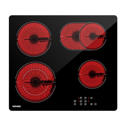 Piano cottura in Vetroceramica 4 Fuochi, WEHIMO Piano Cottura Elettrico 59cm, 7200W, 4 Zone di Cottura, Controllo Tocco, Timer, 9 Livelli di Riscaldamento