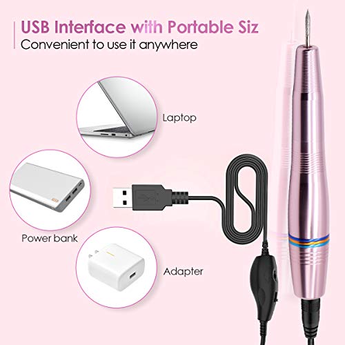 Skymore Professional Electric Nail Drill for Acrylic Nails, Portable USB Nail File Manicure & Pedicure Tools Set, 11 in 1 Acrylic Finger Toe Nail Care Kit, 16 Sanding Bands and 1 Nail Clipper (Pink)
