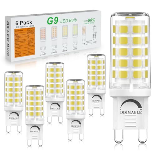BAOMING G9 LED Bulbs Cool White 6000K 3W 420LM Equivalent to 40W Halogen, No Flicker Energy Saving Dimmable G9 LED Light Bulb for Decoration Chandelier, Home, Office Lighting, 6-Pack