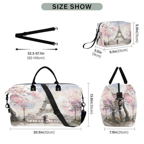 Cherry Blossom Paris Eiffel Tower Oil Painting Travel Duffle Bag Gym Bag Weekender Bags with Toiletry Bag Travel Trip Tote Bag3