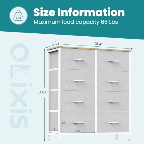 Image of OLIXIS 8 Drawer Dresser for Bedroom, Fabric Storage Tower with Wooden Top and Metal Frame, Dresser Organizer for Living Room Closet Entryway, Light Grey
