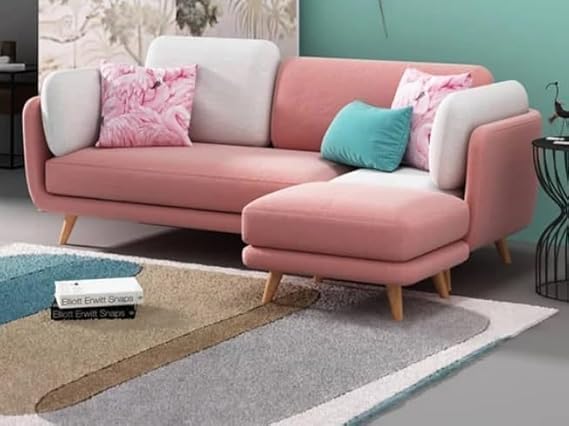 Image of Modern & Luxury Cushioned Couch Relax sectional Sofa in Fabric & Velvet and Heavy Duty Sofa for Bedroom Living Room Guest Room Home and Office-(3 Seater with Puffy Pink & Off White).