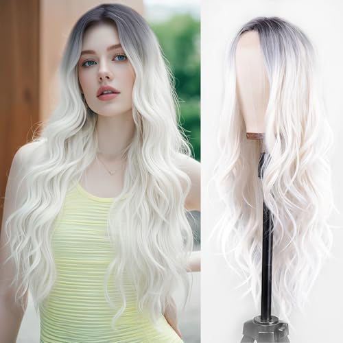 Long White Wig for Women 26 Inch Long Wavy wig Middle...