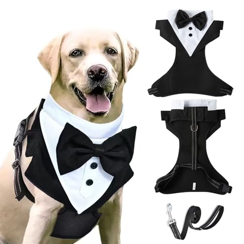 Dog Tuxedo Harness with Leash Set,Pet Wedding Chest Strap Formal Vest with Bow,Adjustable Pet Tailcoat Vest Harness for Puppy Small Medium Dog_XL(Black)