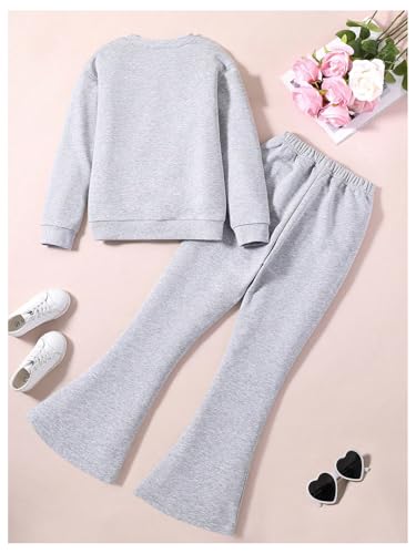 Image of SOLY HUX Girl's Sweatsuit 2 Piece Outfits Letter Graphic Long Sleeve Sweatshirt Tops and Flare Leg Pants Set Grey Letter 8Y