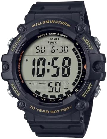 Casio Illuminator Extra Long Strap 10-Year Battery 100 M Water Resistant 5-Alarm w/Countdown Timer Men's Digital Watch, Black, AE-1500WHX-1AVCF, Black, Sport