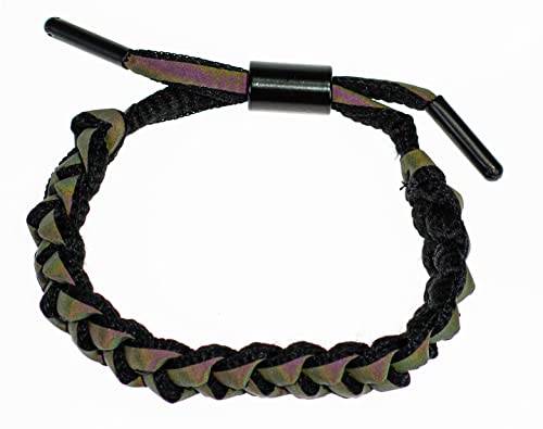 Image of BlueRica Woven Rope Adjustable Reflective Braided Shoelace with Iridescent Colors Bracelet (Black & Rainbow)