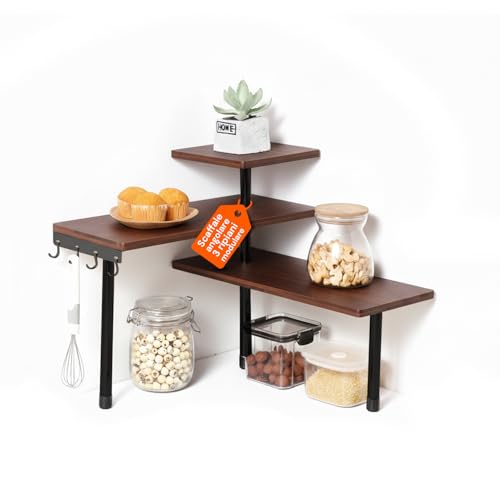 Avilia - Mensola Scaffale Angolare per Cucina 3 Ripiani Legno Bambù Struttura in Acciaio Mobile Angolare Portaspezie Portaoggetti in Bamboo con Ganci (Legno Scuro)