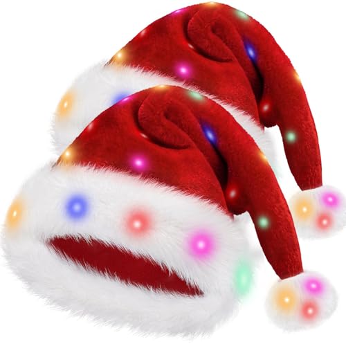 VAIZIQ Lights Up Christmas Santa Hats,Red Velvet Xmas Costume Hat for Adult Women Men Party Holiday Unisex New Year Festive Headwear