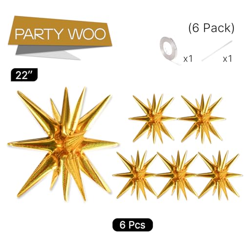 Image of PartyWoo Gold Star Foil Balloons 6pcs 22 Inch Spike Explosion Mylar Balloons for Graduation Birthday Baby Shower Engagement Wedding Anniversary Bridal Shower Bachelorette Retirement Party Decorations