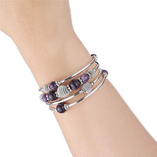 PEARL&CLUB Beaded Chakra Bangle Turquoise Bracelet - Fashion Jewelry Wrap Bracelet with Thick Silver Metal and Mala Beads, Birthday Gifts For Women(Purple) - Thumbnail 2