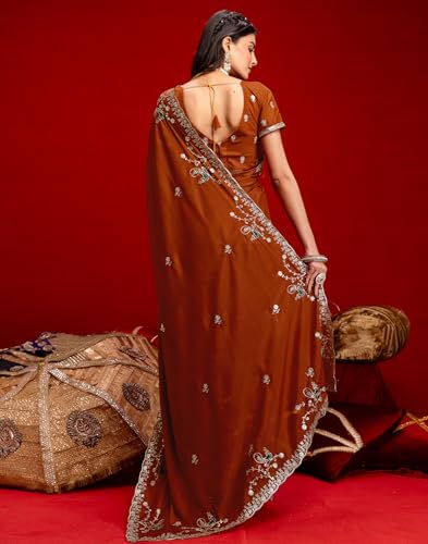 Image of SIRIL Women's Georgette Embroidery Saree With Unstitched Blouse