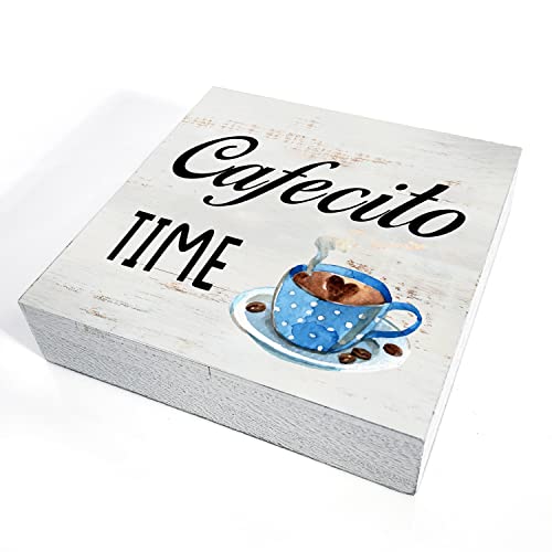 Cafecito Time Wood Box Sign Home Decor Rustic Kitchen Coffee Quote Wooden Box Sign Block Plaque For Wall Tabletop Desk Home Kitchen Decoration 5" X 5" #TOP2