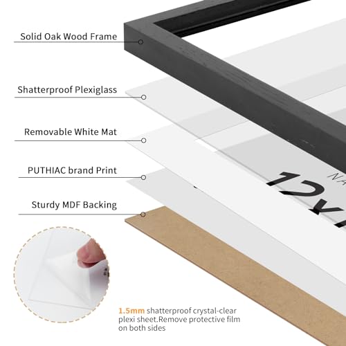 puthiac 12x18 Black Oak Wood Picture Frame - Minimalist 12x18 Poster Frame, 12"x18" Picture Frame Wood, Natural Solid Wooden Picture Frames for Wall Art Photo and Prints (3 Pack, Black)