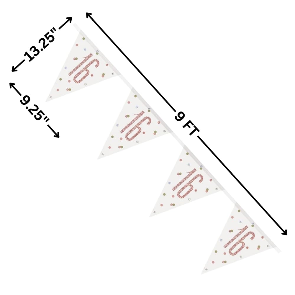 Number '16' Rose Gold Glitz Prismatic Plastic Flag Banner, 9 ft. (1 Count) - Perfect for Celebrations, Photo Booth Backdrop, Wall Decoration & More