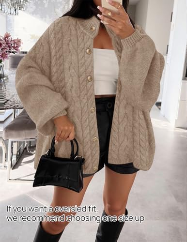 ZESICA Women's Button Down Cardigan Sweaters 2025 Fall Lantern Long Sleeve Mock Neck Chunky Knit Outerwear Coat3