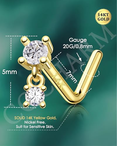 COCHARM 14K Gold Dangle Nose Stud 20g 22g 18g-Real Gold L Shape Nose Ring Stud, 14kt Nose Piercing 7mm Long Dangling Tiny Nostril Piercing 14 Karat Cute Danly Nostril Jewelry for Women3