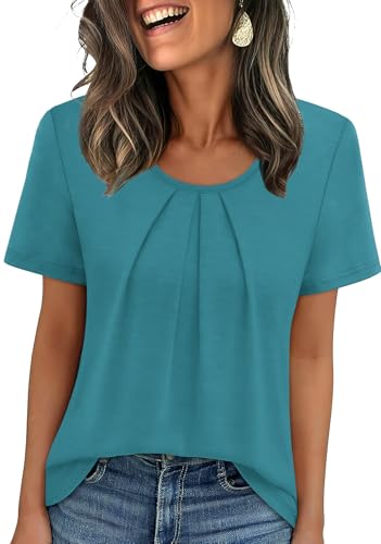 Image of WIHOLL Women T Shirts Pleated Short Sleeve Tops Business Casual Dressy Blouses