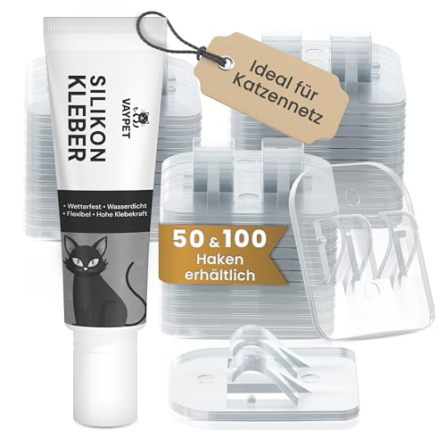 VAYPET® 50 Klebehaken transparent & Silikonkleber [30ml] zur Befestigung vom Katzennetz für Balkon ohne Bohren I Katzennetz ohne Bohren schnell...
